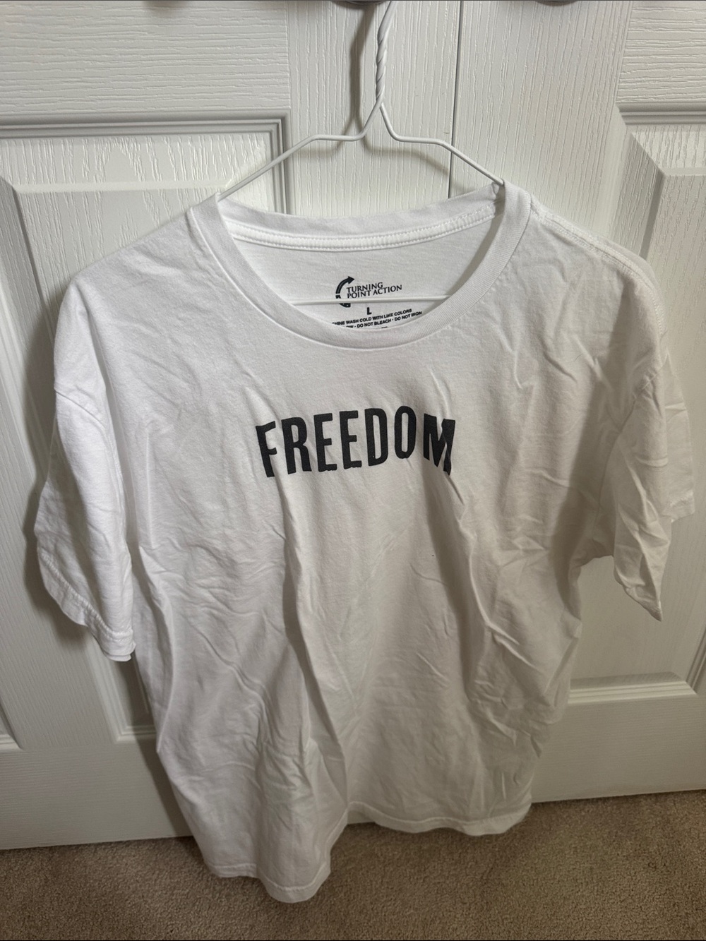 Freedom Graphic Tee - White with Black Text. Unisex L.